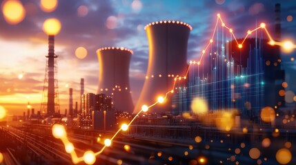 Poster - Industrial Landscape with Cooling Towers and Data Visualization Elements