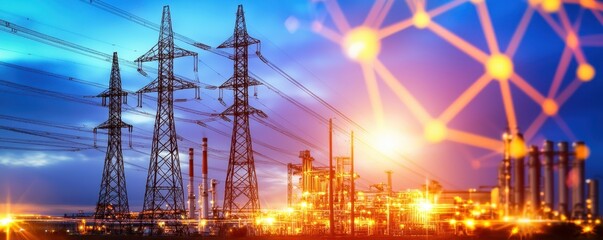 Poster - Power Lines at Dusk with Industrial Plant and Network Overlay