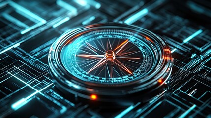 Poster - A highly detailed, glowing futuristic compass placed on a neon digital grid. The vibrant blue and orange highlights create a striking contrast, symbolizing navigation, technology, and innovation.  
