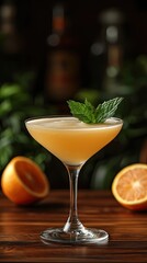 Wall Mural - Refreshing cocktail garnished with mint leaves served in a elegant glass on a wooden table with citrus fruits