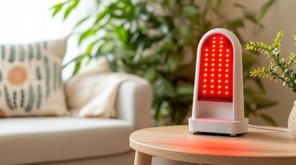 Poster - Modern Red LED Lamp on Wooden Table in Cozy Living Room with Green Plants