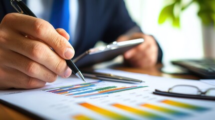 Poster - Businessman Analyzing Financial Charts with Tablet and Pen in Office