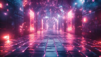 Poster - Futuristic Cyberpunk Digital Landscape with Neon Lights Glowing Cubes and Vibrant Grid Floor in Abstract 3D Art