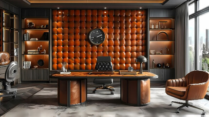 Poster - Luxury Home Office: A sophisticated and elegant home office with rich brown leather accents and a tufted wall creates a luxurious ambiance.  The large desk, plush chair.