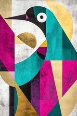 Colorful Abstract Bird Art: Vibrant Geometric Shapes in Turquoise, Pink, and Gold - Modern Home Decor and Artistic Illustration for Nature Lovers