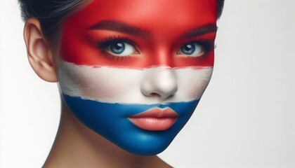 Wall Mural - Woman with Dutch flag face paint, vivid colors, intense gaze