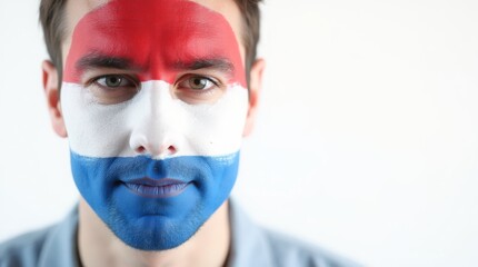 Wall Mural - Man with Dutch flag face paint, vibrant colors, focused expression