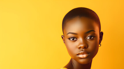 Portrait of smiling African American girl with short hair yellow background banner.