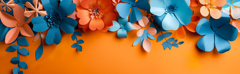 Paper Flower Border: An artistic arrangement of delicate paper flowers in vibrant hues of blue and orange, creates a stunning floral border against a bright yellow background.