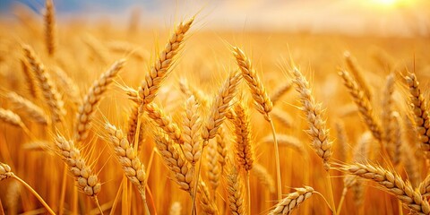 Wall Mural - closeup of golden wheat ears in a vast field , agriculture, farmland, harvest, growth, farming, coun