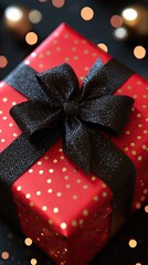 Poster - Gift box with black ribbon and gold polka dots set against a blurred festive background during holiday season