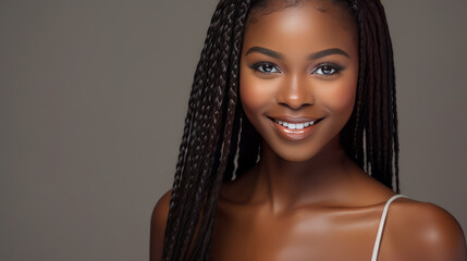 Portrait of smiling African American girl with long hair gray background banner.