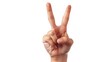 © Feroz - Hand holding fingers in a peace sign, isolated on white background.