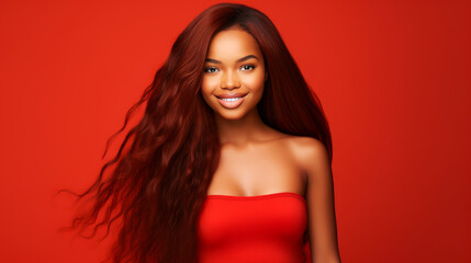 portrait of smiling african american girl with long red hair red background banner.