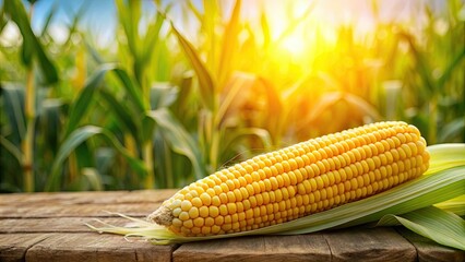 Wall Mural - peeled corn on the cob in a corn field background, corn, agriculture, farm, harvest, food, fresh, or