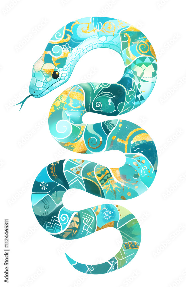 Blue mystical sea snake with patterned ornamental skin. Isolated clip ...