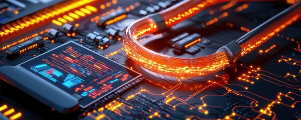 Poster - Futuristic Technology Circuit Board with Glowing Orange Elements