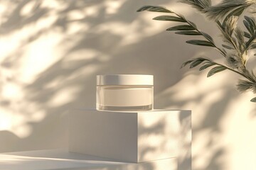 Sticker - Body cream blank white cosmetic mock up on transparent solid blocks with shadows and reflection. Jar of organic lotion standing on glass cube podium pedestal showcase. 