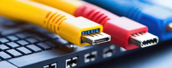Poster - Colorful Data Cables Connected to a Computer Port for Transmission