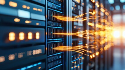 Poster - Data Center with Illuminated Servers and Flowing Data Streams