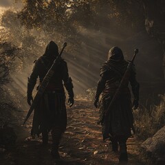 Two hooded figures walk a forest path.