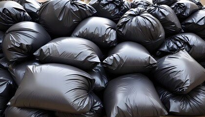 piles of black trash bags, likely containing waste or discarded items, stacked on top of each other 