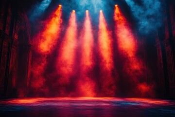 Aufkleber - Empty Stage with Blue and Yellow Lights in Smoky Atmosphere for Concert and Events