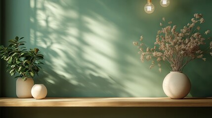 Wall Mural - Minimal Scandinavian Style Kitchen with Green Wall and Wooden Table