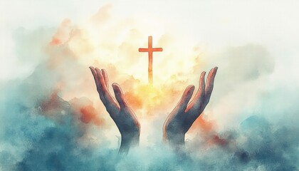 Wall Mural - Hands Reaching Towards a Glowing Cross in the Sky with Soft Pastel Background