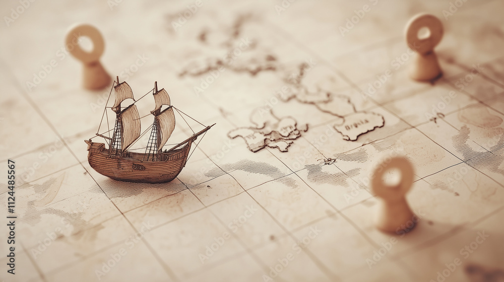 Vintage Treasure Map: A weathered map guides a miniature sailing ship ...