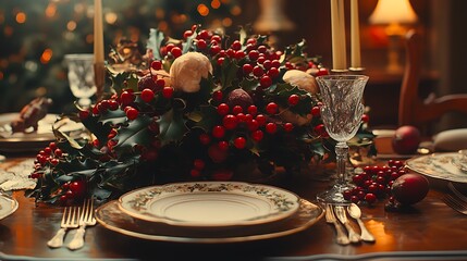 Wall Mural - Festive holiday table setting cozy ambiance and elegant decor