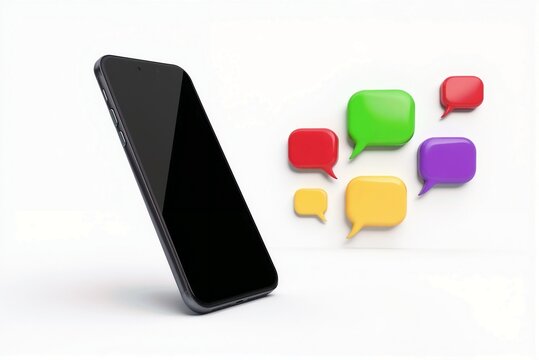 A cell phone sits beside a group of colorful speech bubbles