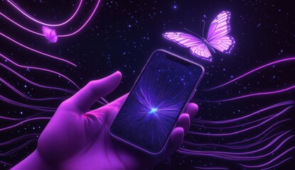 Poster - Vibrant Digital Transformation Concept with a Smartphone, Glowing Butterfly, and Abstract Cosmic Background Highlighting Technology and Nature Fusion