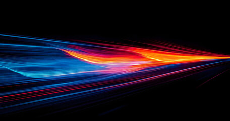 Leinwandbilder - Speed of Light: Abstract streaks of vibrant red, orange, and blue light trails blur across a dark highway, symbolizing rapid movement, velocity, and technological advancement.