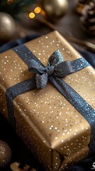 Poster - Golden gift box with glittering ribbon on a dark background during holiday season