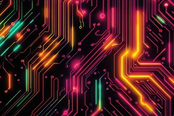 Poster - Circuit Board Design with Colorful Neon Lines Abstract Background