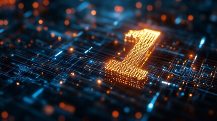 Poster - Bright digital number one illuminated on a circuit board background in an abstract technology themed design