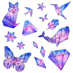 Wall Mural - galaxy patterned pink and purple geometrical shaped objects and crystalized animals sticker set