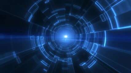 Poster - Blue digital tunnel with concentric lines and central light source, creating a sense of depth, movement, and futuristic design in a tech-inspired setting background