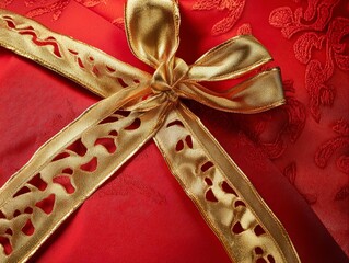 Wall Mural - a christmas gift box with a shiny gold bow in detail