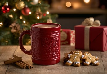 Wall Mural - coffee mug on a table with holiday decorations