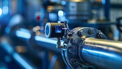 Poster - Closeup view of a digital flow meter attached to a shiny pipeline inside a factory. The meter is displaying readings, showcasing the efficiency of modern manufacturing processes