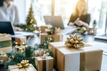 Wall Mural - christmas gifts and decorations with warm background lights