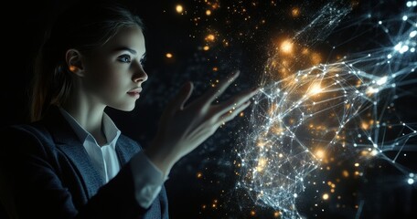 Poster - Young businesswoman interacting with futuristic digital interface, vibrant data connections, and glowing particles in a dark environment symbolizing technology and innovation.