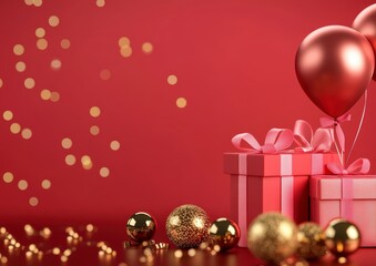 Wall Mural - red background with gifts and ornaments scattered