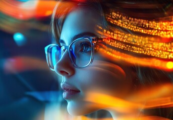 Poster - Young Woman with Glasses and Colorful Light Trails, Expressing Curiosity and Thoughtfulness in a Futuristic and Dynamic Setting