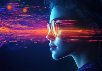 Poster - Young woman with futuristic glasses against a vibrant background of digital patterns and bright light trails illustrating technology and innovation