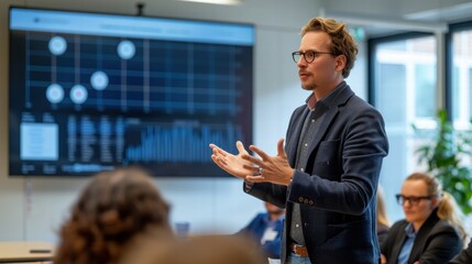 Wall Mural - founder of a renewable energy startup presenting innovative solar technology to investors in a moder
