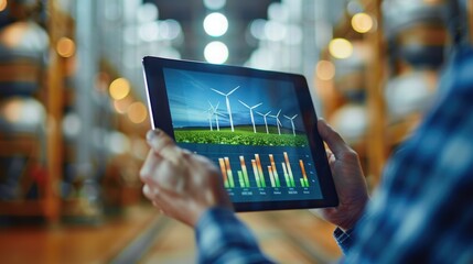Wall Mural - hands of a business professional holding a tablet displaying graphs of decreasing fossil fuel relian
