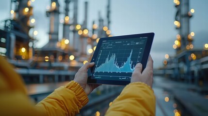 hands of a business professional holding a tablet displaying graphs of decreasing fossil fuel relian